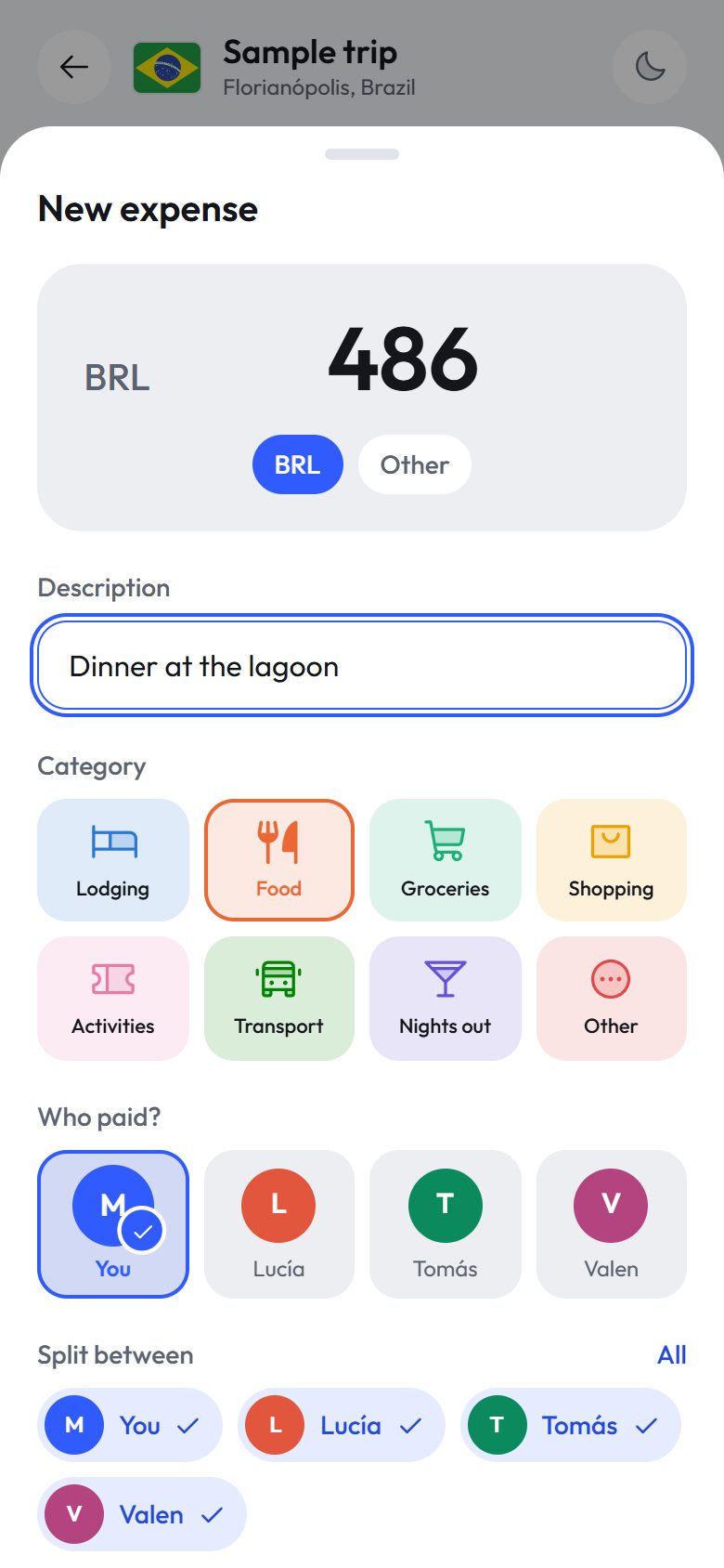 Logging an expense: amount, category, who paid and who it's split between