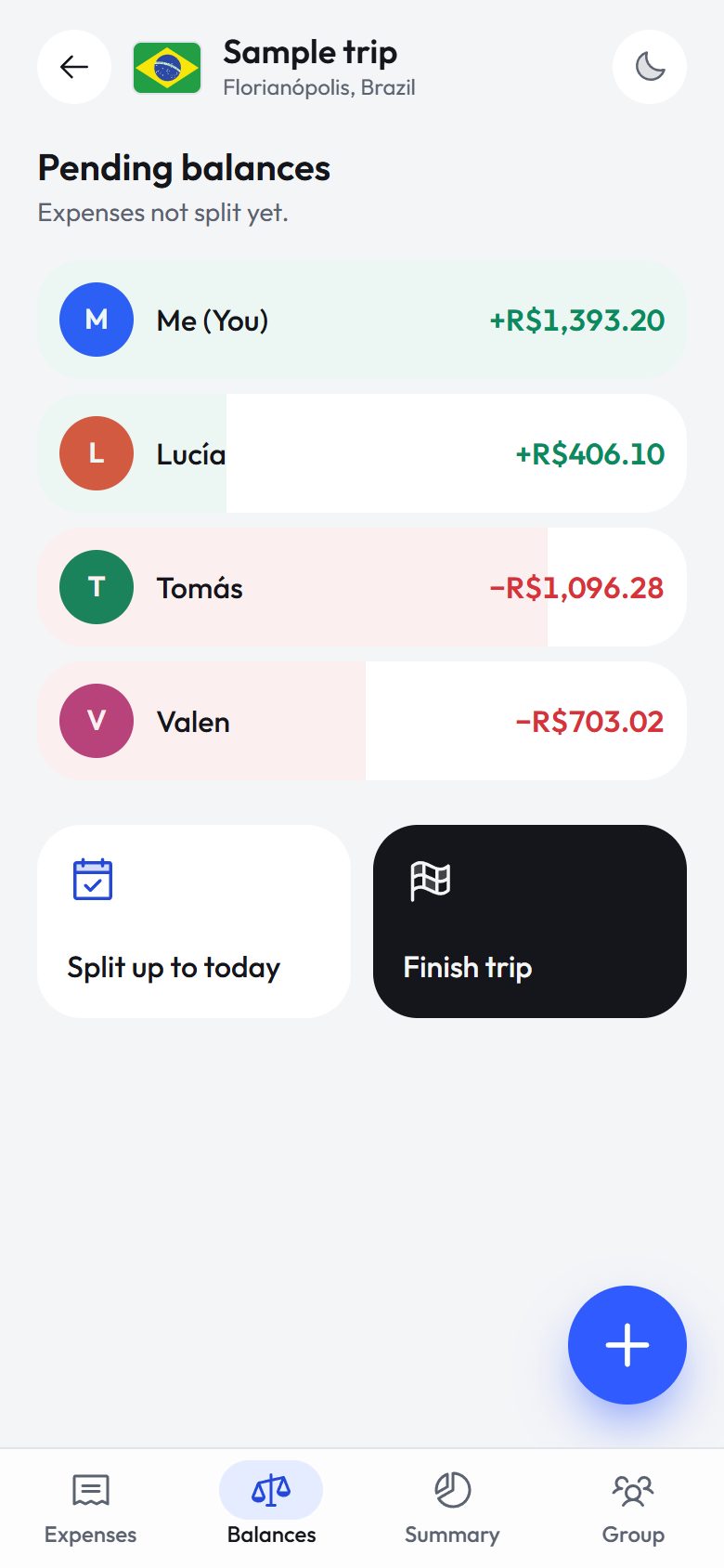 Pending balances: green is owed money, red owes money