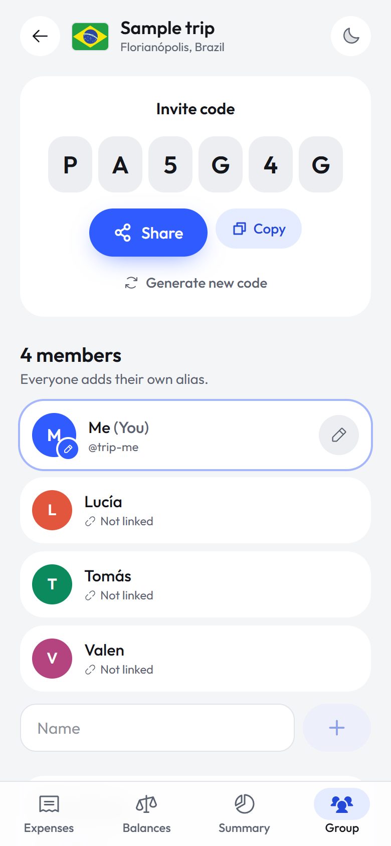 The invite code and the list of group members