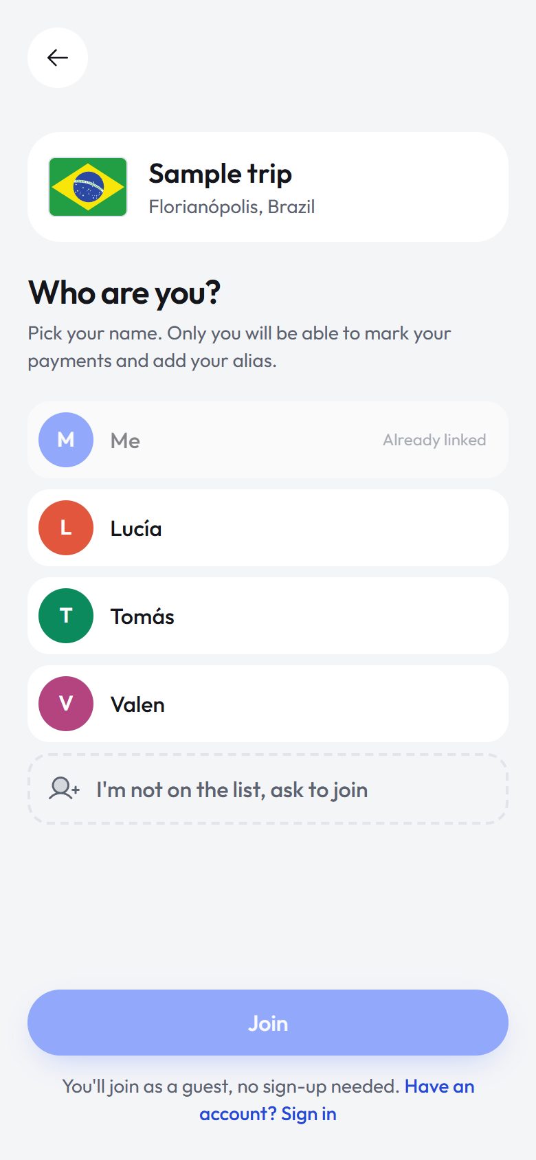 Joining with the code: everyone picks who they are from the group's list