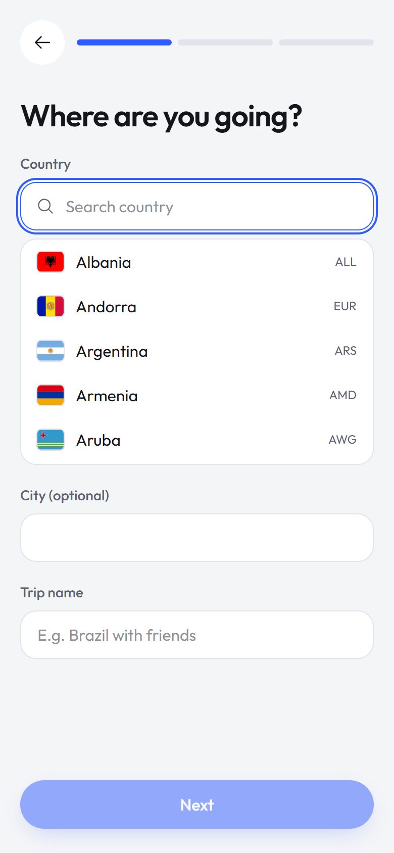 Creating the trip: destination, dates and currency in three steps