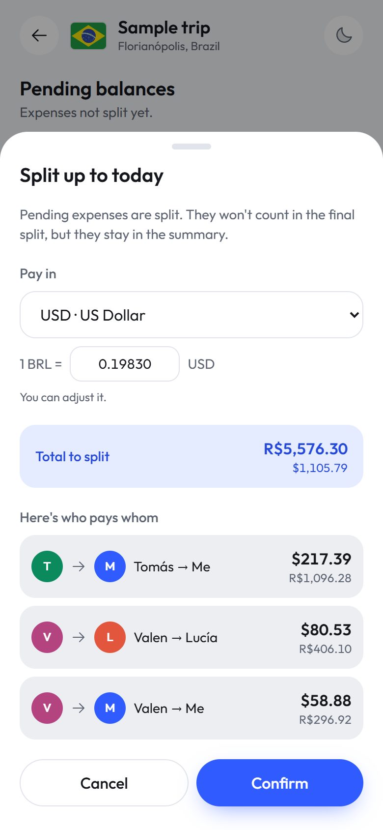 When settling, you choose the payment currency and rate; transfers show in both currencies