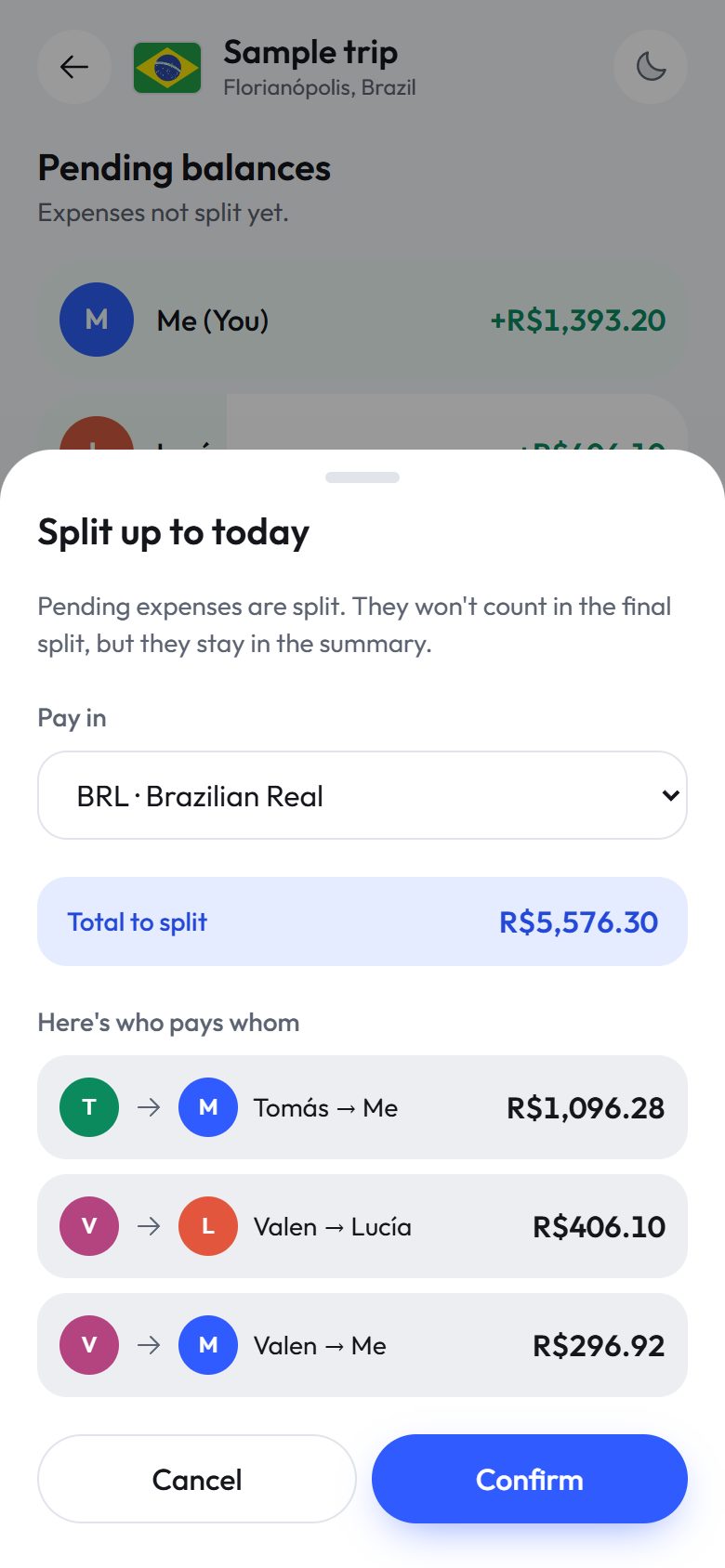 Before confirming, the app shows who pays whom
