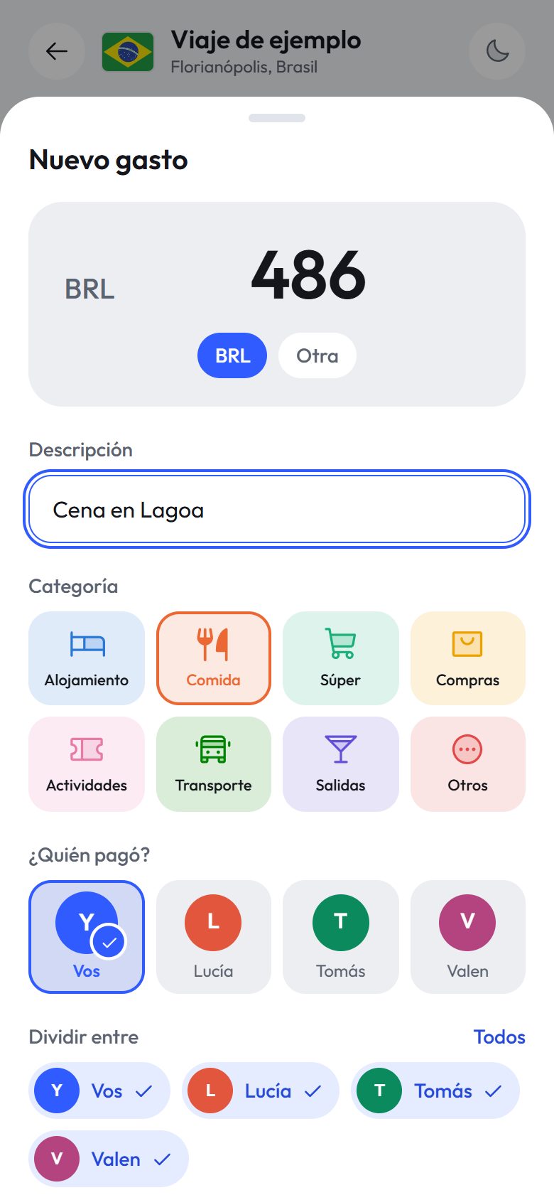 Cargar un gasto: monto, categoría, quién pagó y entre quiénes se divide