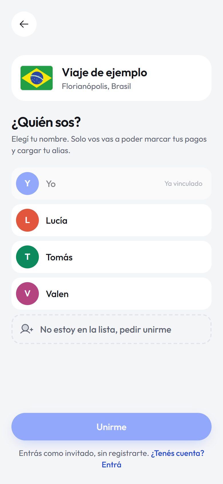 Al entrar con el código, cada uno elige quién es en la lista del grupo