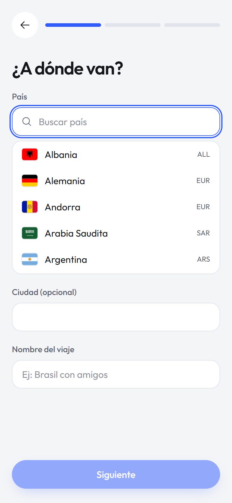 Crear el viaje: destino, fechas y moneda, en tres pasos