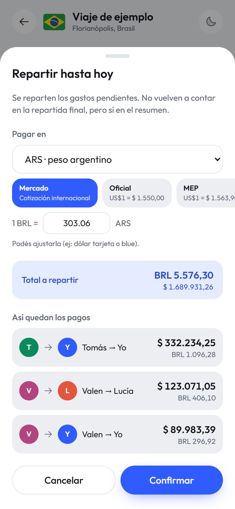 Al repartir en pesos, la app muestra las cotizaciones del día para elegir una con un toque
