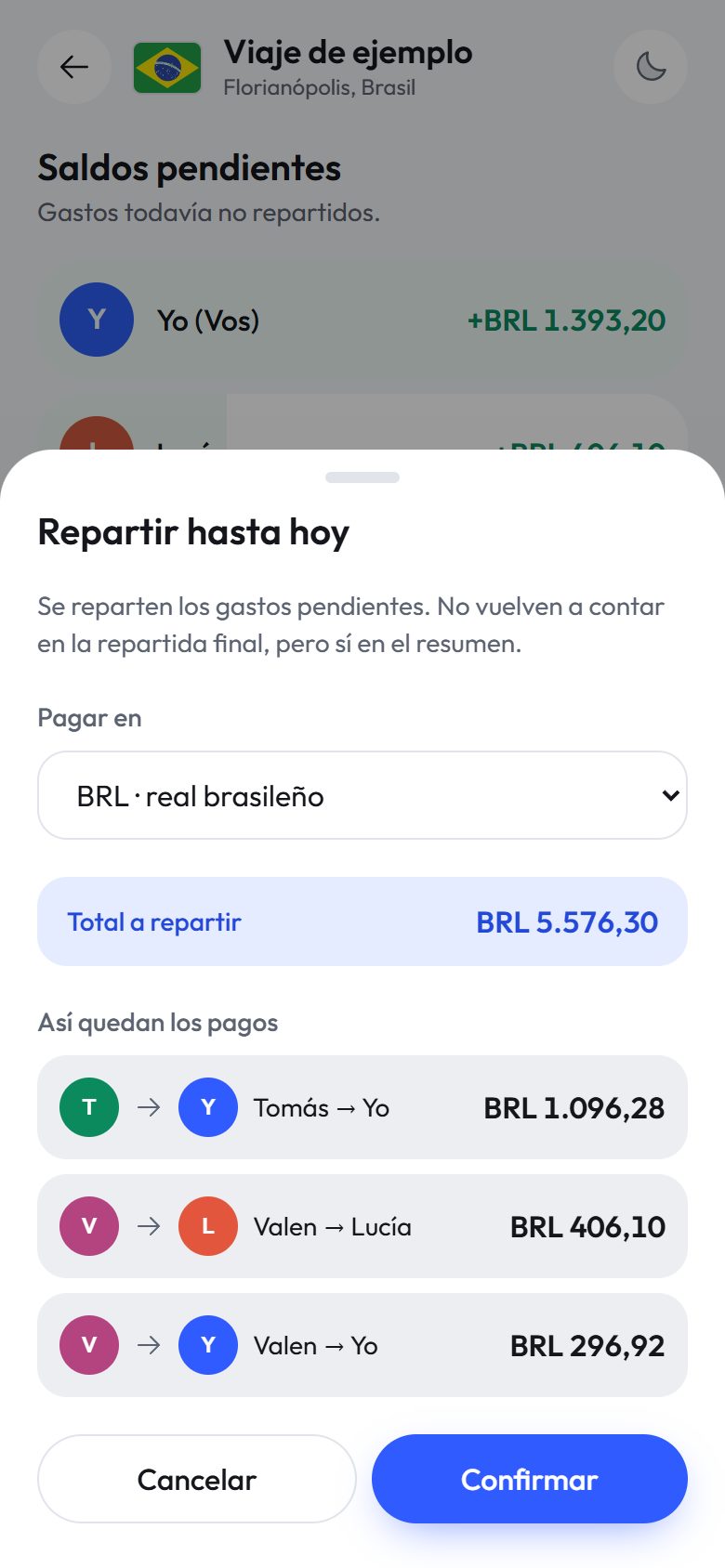 Antes de confirmar, la app muestra cómo quedan los pagos