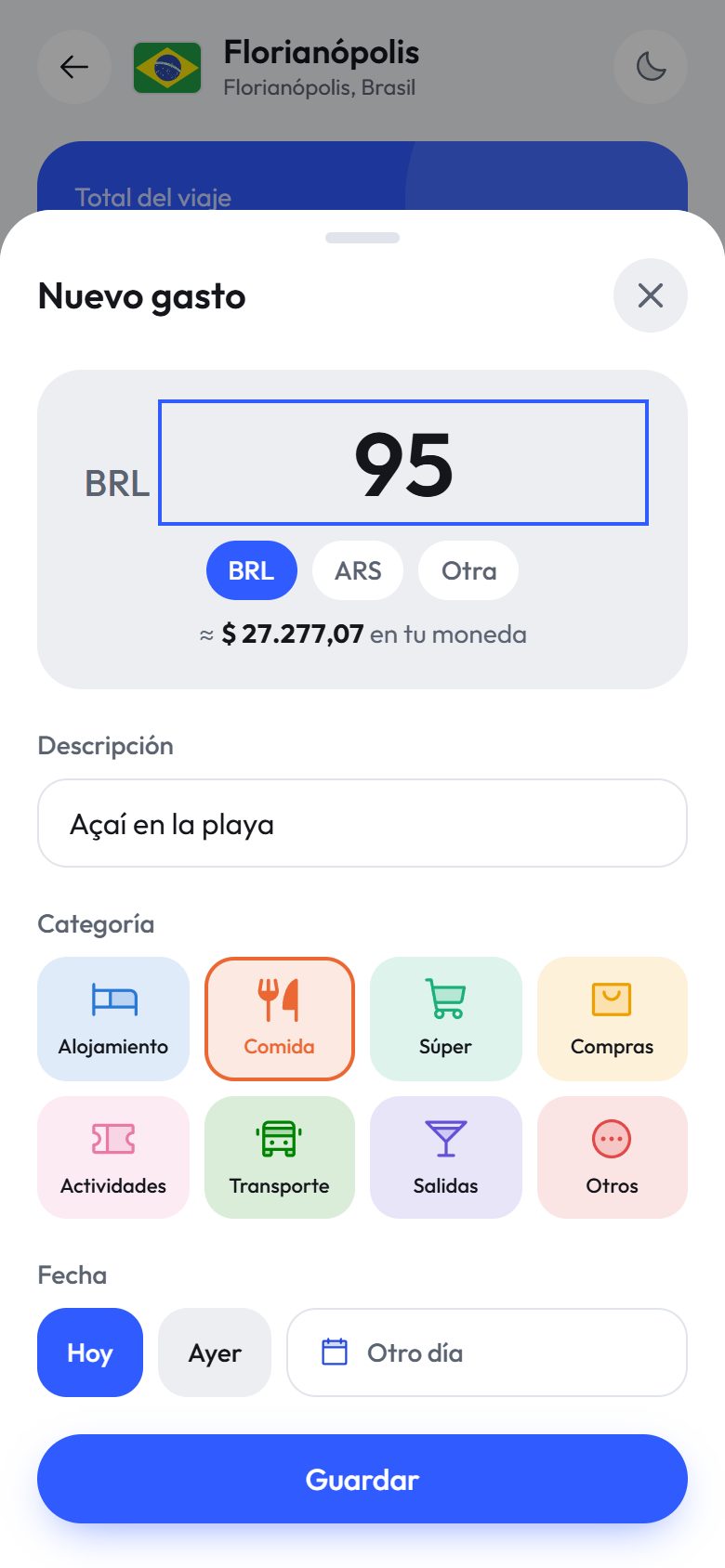 Cargar un gasto: el monto en la moneda del destino y, debajo, cuánto es en tu moneda
