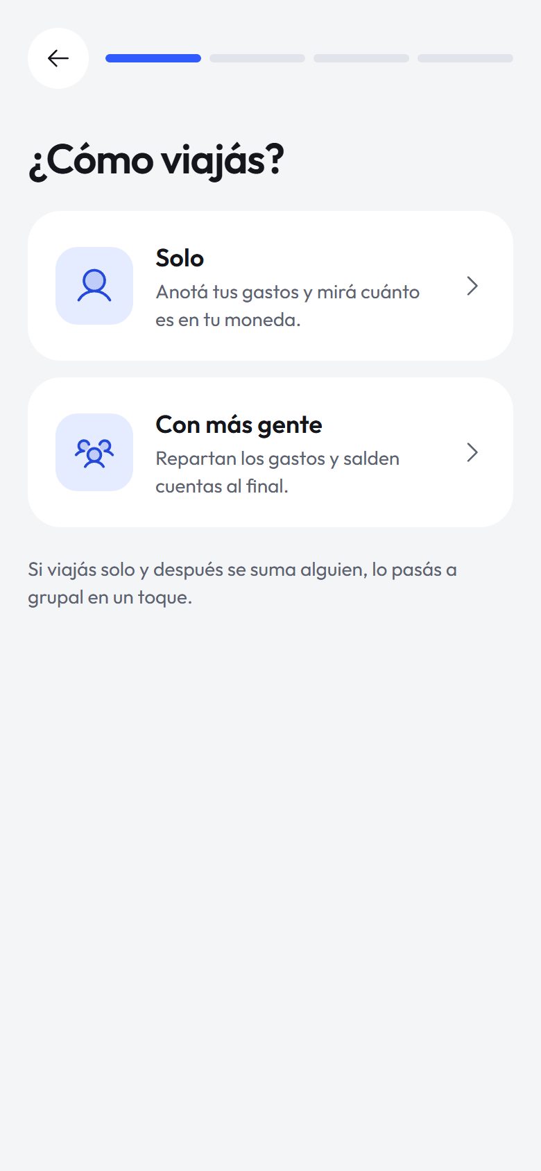 Al crear el viaje elegís si viajás solo o con más gente