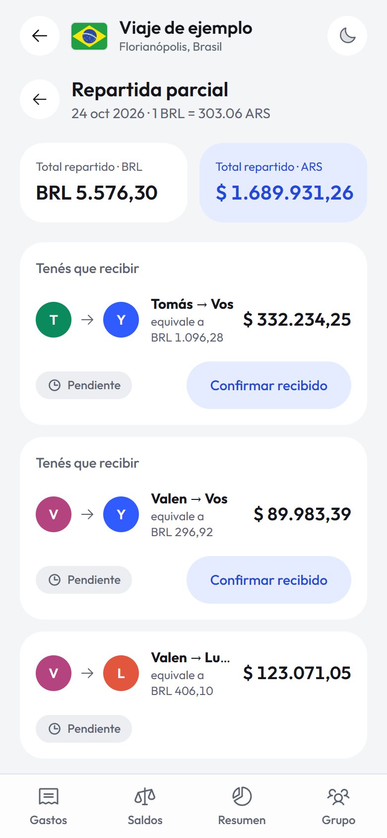Cada transferencia en pesos, con su equivalente en reales y la cotización usada